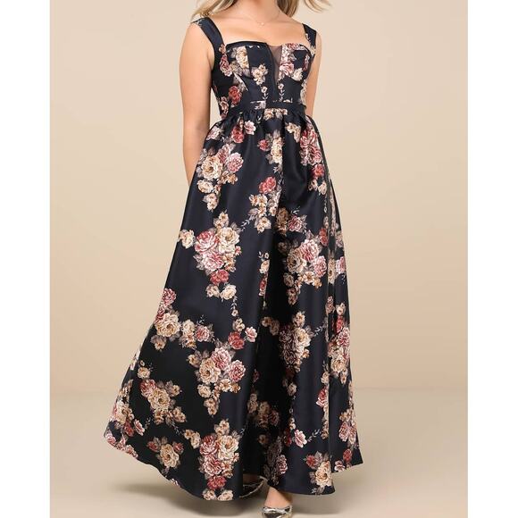 Lulus NWT Elegant Pick Navy Blue Floral Sleeveless Bustier Maxi Dress Medium - Picture 1 of 11